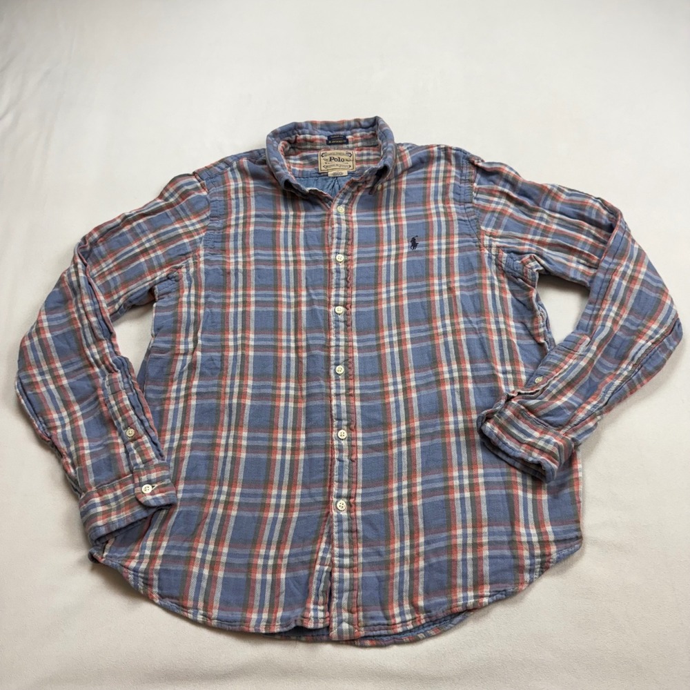 Polo Ralph Lauren Classic Fit RL Untucked Plaid Flannel Shirt Blue Red Mens LG